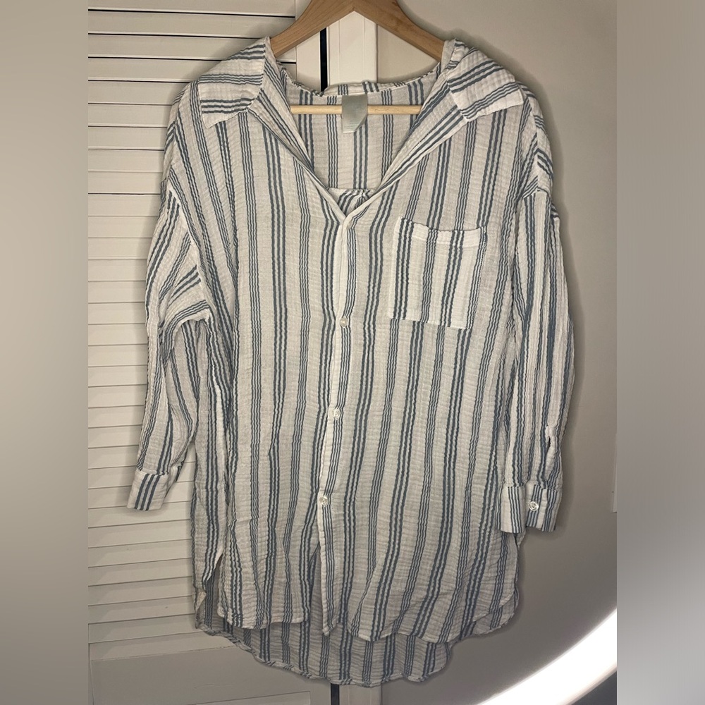 Light Blue & White Striped Tunic, Muslin Fabric, Kona Sol Brand, XL